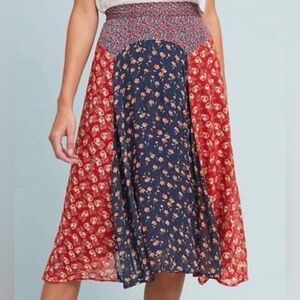 Anthropologie Meadow Rue Midi Skirt Womens Size 6 Red Blue Floral Prairie Boho